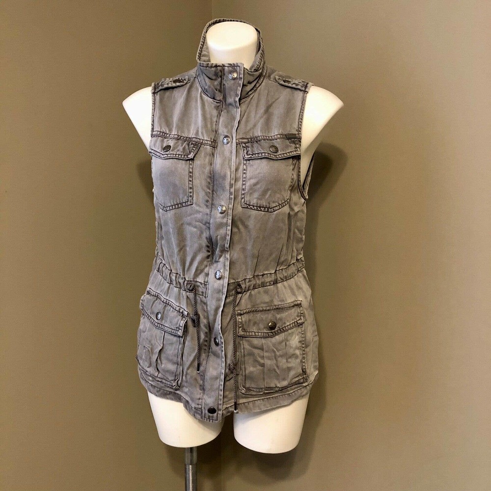 Max Jeans Utility Vest Small Gray 4 Pockets Full Zip w/ Snaps Adjustable Waist - Picture 5 of 11